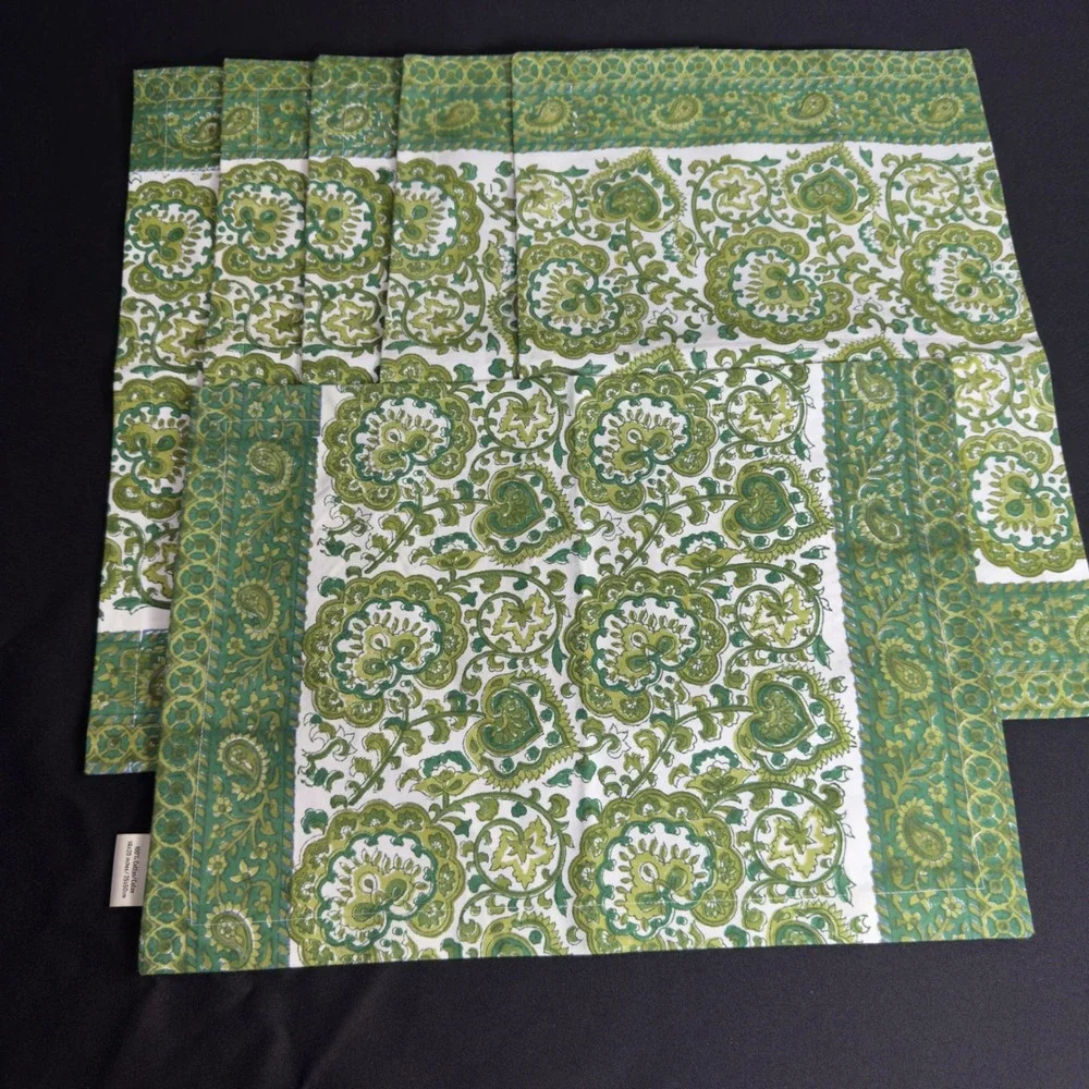 NOS Pottery Barn Green Nali Block Print Cotton Placemats Set of 6 Paisley 14x20